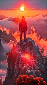 a lonesome highlsnder standing on a mountion watching the sunset.generative ai