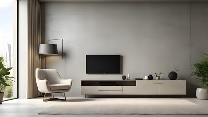 In a living room with a concrete wall, a TV cabinet is wall mounted with an armchair. three-dimensional rendering