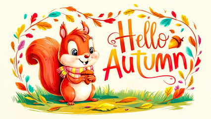 Naklejka premium Hello Autumn, Adorable Cartoon Squirrel with Colorful Fall Leaves Illustration Perfect for Seasonal Greetings, Festive Seasonal Decorations, Posters, and Children's Art Projects, Books and Magazines