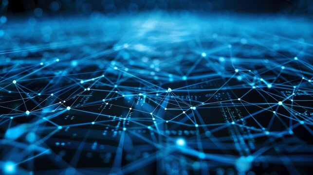 A glowing blue circuit board with nodes and connections.