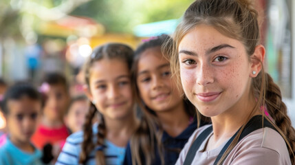 Fototapeta premium Two kindergarten teachers, one young and one veteran, looking at the camera with a group of happy students in the background.