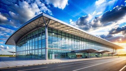Obraz premium Modern international airport terminal building with glass facade and steel structure under bright blue sky with few clouds.