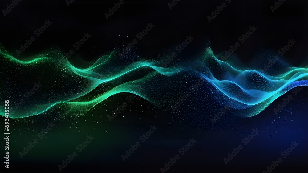 Poster isolated on a black background, flowing dot particles create a wave pattern of blue and green gradie