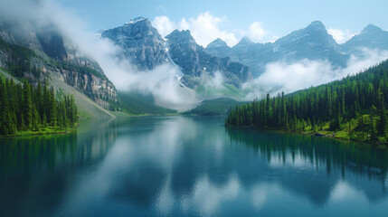 Aerial Views of Rocky Mountains and Lakes in Canada, Picturesque Cinematic Landscapes, Wide-Angle Shots with Natural Cinematic Lighting, Hyper-Realistic Depictions During Golden Hour