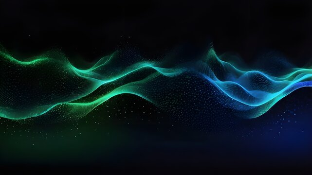 Isolated on a black background, flowing dot particles create a wave pattern of blue and green gradient light. Vector in the context of science, music, and AI technology