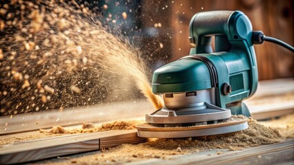 Closeup of a whirring electric sander moving along a wooden surface, swirling wood shavings and dust in its circular motion.