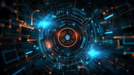 circuit board technology blue orange neon lights