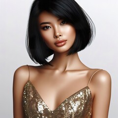 Realistic portrait of a young, beautiful Asian woman with flawless skin, short, vibrant black hair, wearing a shimmering gold sequin dress