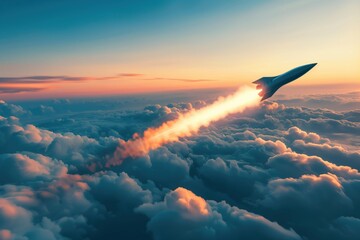 Ballistic missile soaring through a cloudy sky