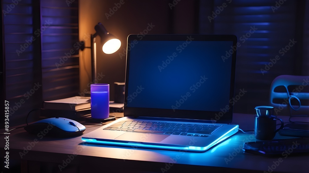 Aufkleber a desk in a dimly lit room with blue illumination, and a portable neon computer with a blank screen.