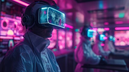 Researchers working with VR technology in a neon lit laboratory for scientific experiments