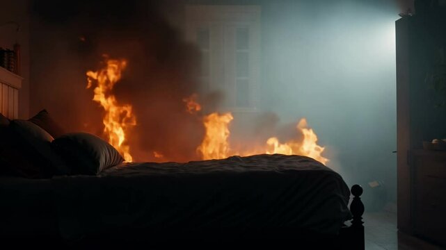 Bedroom Fire Burning Bed In The Night