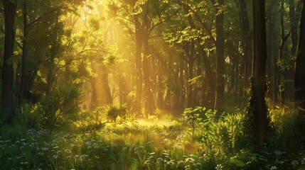 Fototapeta premium A forest clearing bathed in golden sunlight, with various shades of green and brown.