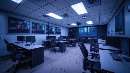 corporate security training facility with simulation rooms, tactical equipment, and a focus on cybersecurity measures