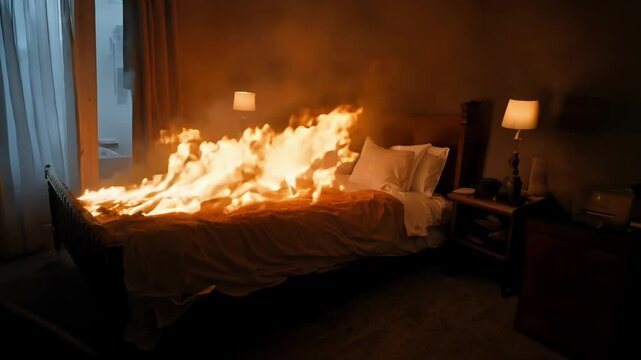 Burning Bed in a Bedroom With Smoke and Flames