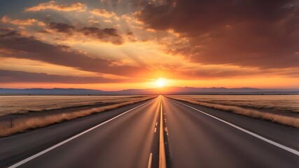 A vast, empty asphalt road with a stunning sunset in the distance.