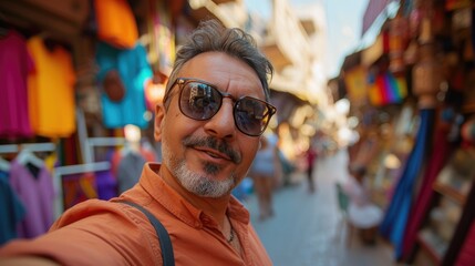 Fototapeta premium Man Enjoying Selfie with Vibrant Store Sign in Arab City