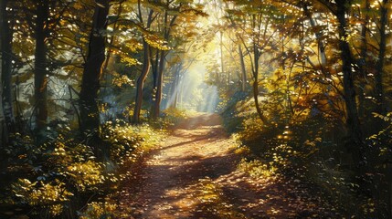 Fototapeta premium A forest path with sunlight filtering through the leaves, creating a dappled light effect.