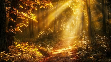 Obraz premium A forest path with sunlight filtering through the leaves, casting a golden glow.