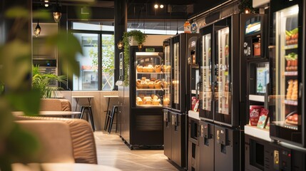 corporate snack bar with automated dispensing machines offering a range of healthy options and seating for informal meetings