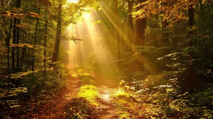 Obraz premium A forest path with sunlight filtering through the leaves, casting a golden glow.