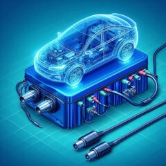 Obraz premium An electric car lithium battery pack is illustrated with power connections, showcasing the core of modern automotive technology in a vibrant blue tone 