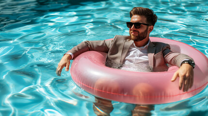 Man in business suit relaxing in pool with pink float.