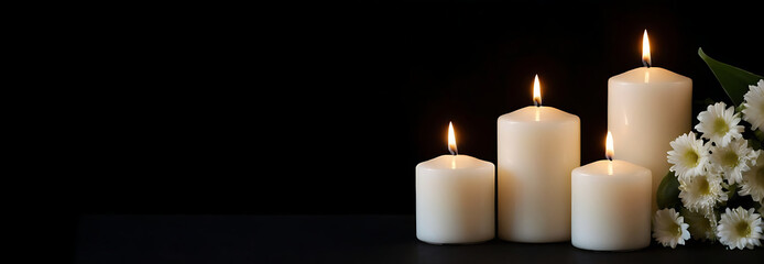 Four white pillar candles of varying heights, illuminated and arranged in ascending order beside a bouquet of white daisies against a dark background. Perfect for memorial websites, funeral programs, 