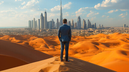 Businessman gazing at modern city skyline from desert dunes.
