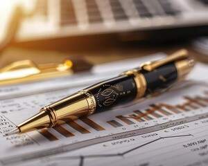 Corporate office tools, closeup on a sophisticated pen lying on a financial report