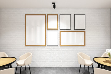 3d render of minimal design interior of cafe with frames mock up. Gray cement floor, white brick wall and white ceiling. Set 9