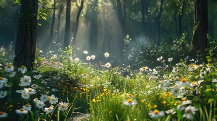 Fototapeta premium A forest scene with sunlight creating a natural spotlight on a patch of wildflowers.