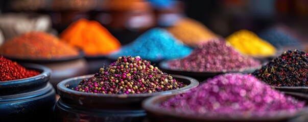 Exotic spices in a market, closeup on the colorful textures and patterns they create