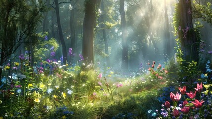 Obraz premium A forest scene with sunlight creating a natural spotlight on a patch of wildflowers.