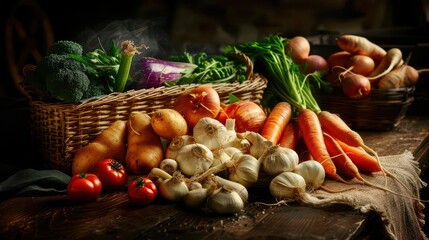 Fresh organic vegetables on a wooden table, detailed textures showcasing natural health