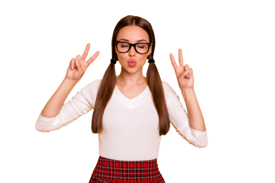 Portrait romance romantic youth people person close eyes imagine date send air kisses free time year isolated white pullover sweater red outfit ponytail pigtail yellow background beautiful - Powered by Adobe