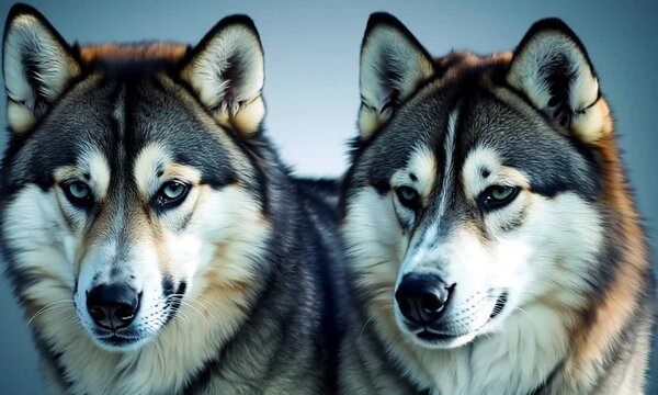 Close up view of two husky dogs. 4K hyperrealistic video