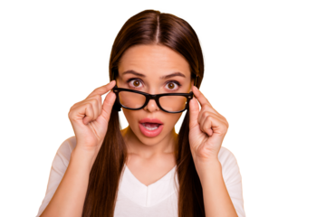 Portrait cute astonished lady touch specs dilemma academy knowledge tails frustrated news horrible terrible information ponytail pigtail beautiful pullover sweater isolated bright background