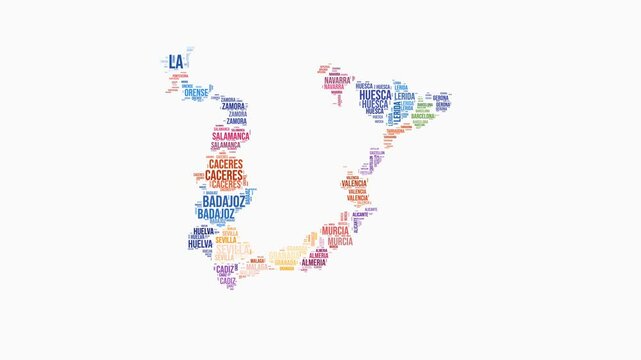 Spain regions word cloud animation. Country logo animated video. Spain colored text cloud. Regions typography style motion graphics. Modern video.