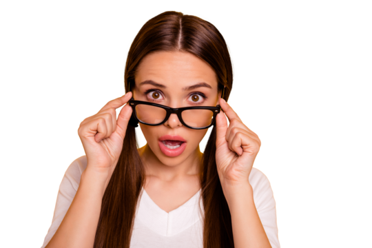 Portrait cute astonished lady touch specs dilemma academy knowledge tails frustrated news horrible terrible information ponytail pigtail beautiful pullover sweater isolated bright background