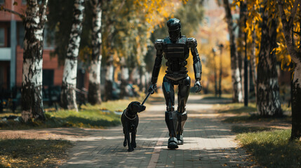 Robot walking dog on leafy park path in autumn.