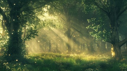 Obraz premium A magical forest scene with sunlight creating a halo effect around the trees.