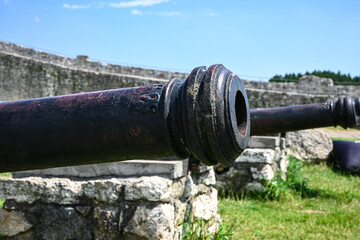 Old, weathered cannon pointing towards enemy lines, protecting a fortress