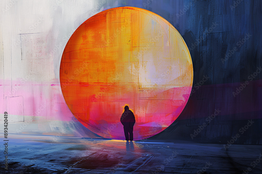 Poster a person stands in front of a large glowing orange sphere with vibrant colors creating a mysterious 