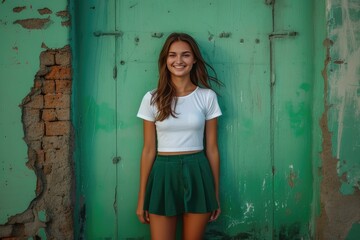 Fototapeta premium Happy Young Woman in Green Skirt and White T-Shirt