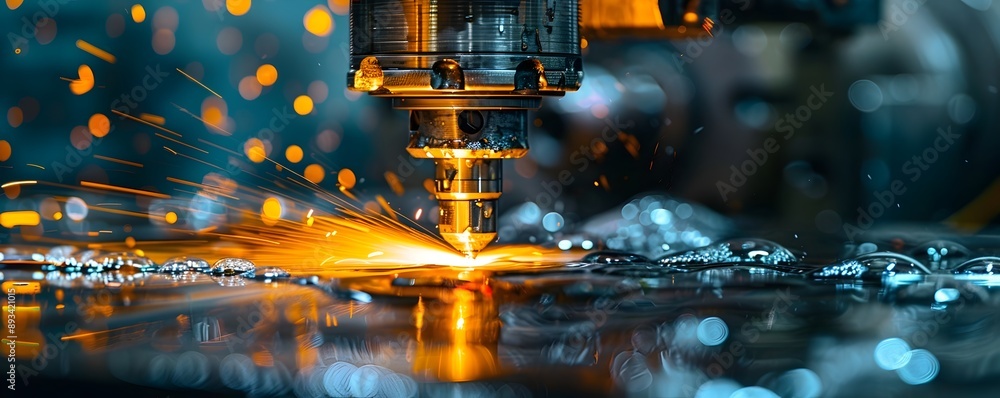 Poster advanced cnc machining center producing precise metal parts in clean and efficient industrial concep