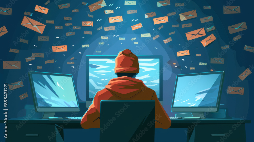 Poster person in a hoodie working on multiple monitors with digital envelopes floating around, representing