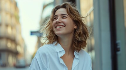 Fototapeta premium Confident 30-Year-Old Woman in White Shirt