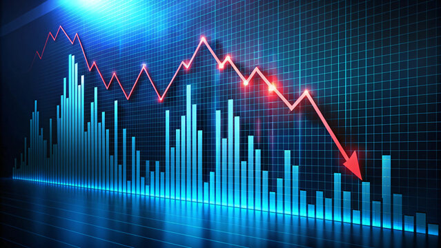 A 3D graph showing market down with arrows and charts