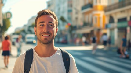 Fototapeta premium Bright Summer Day: Man Waiting at Crosswalk